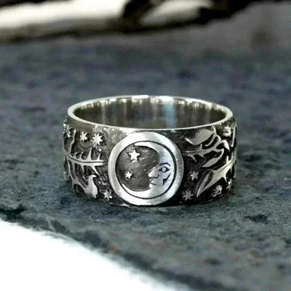 Beautiful Detail 925 Sterling Silver Sun Moon Band Ring - Picture 2 of 6